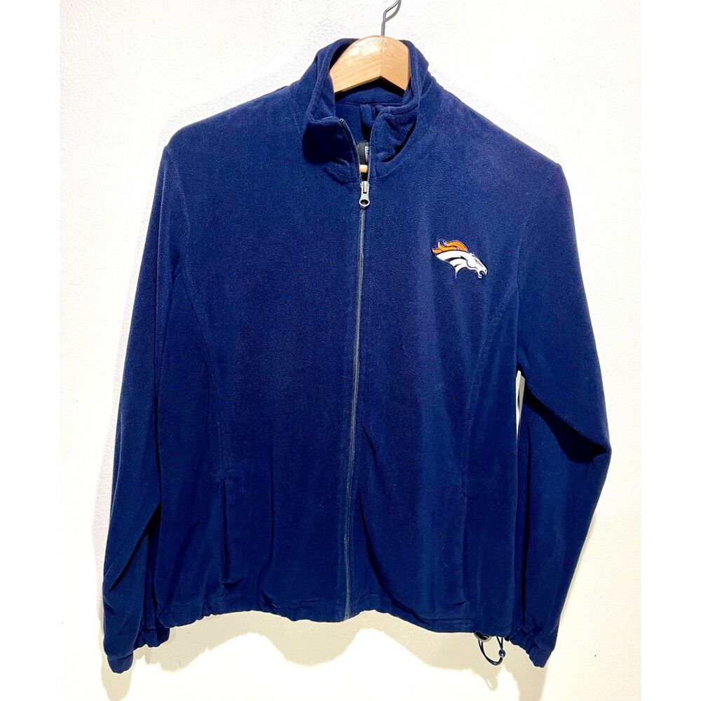 Broncos NFL team apparel fleece sweater jacket full zip pockets blue women's L